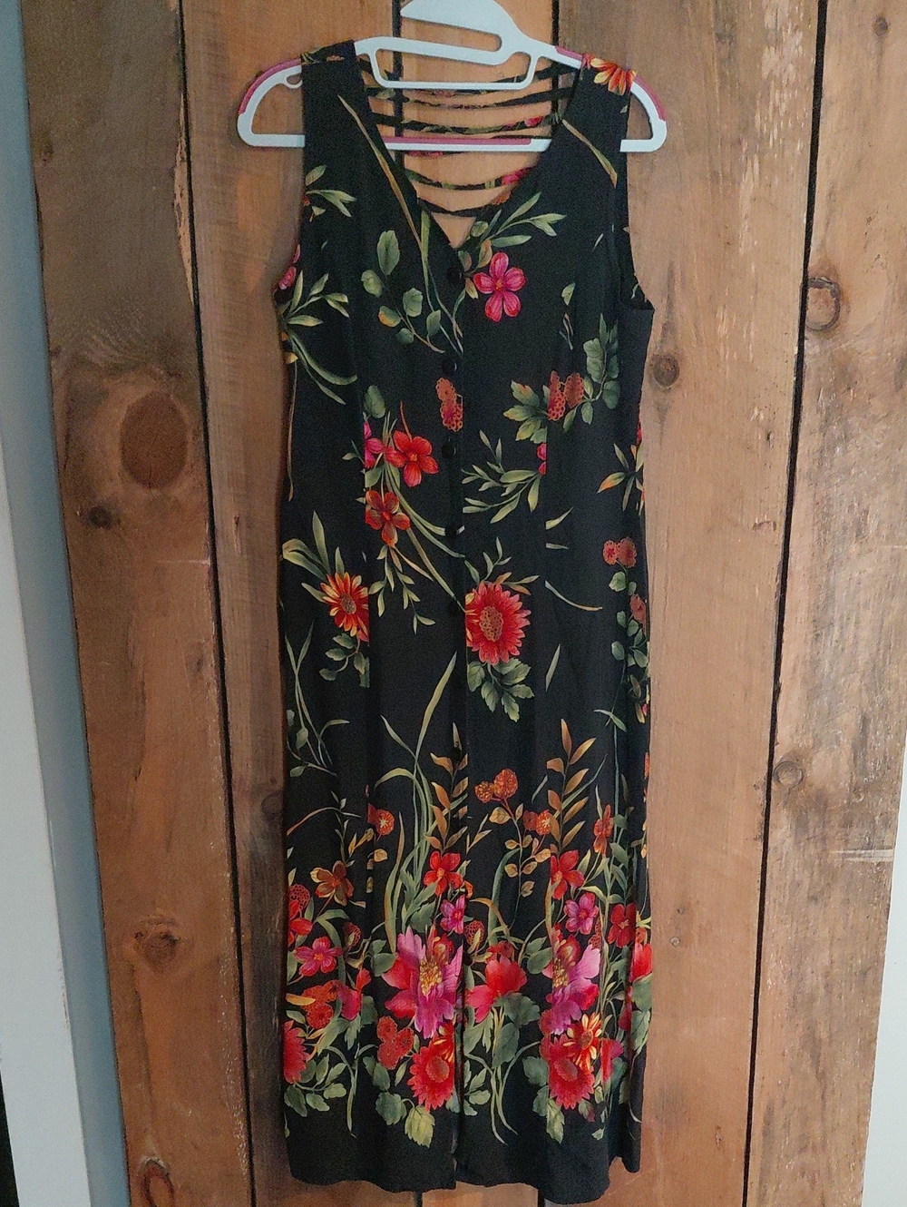 Sleeveless Black Maxi Dress with Red & Pink Floral Print and Strappy Back